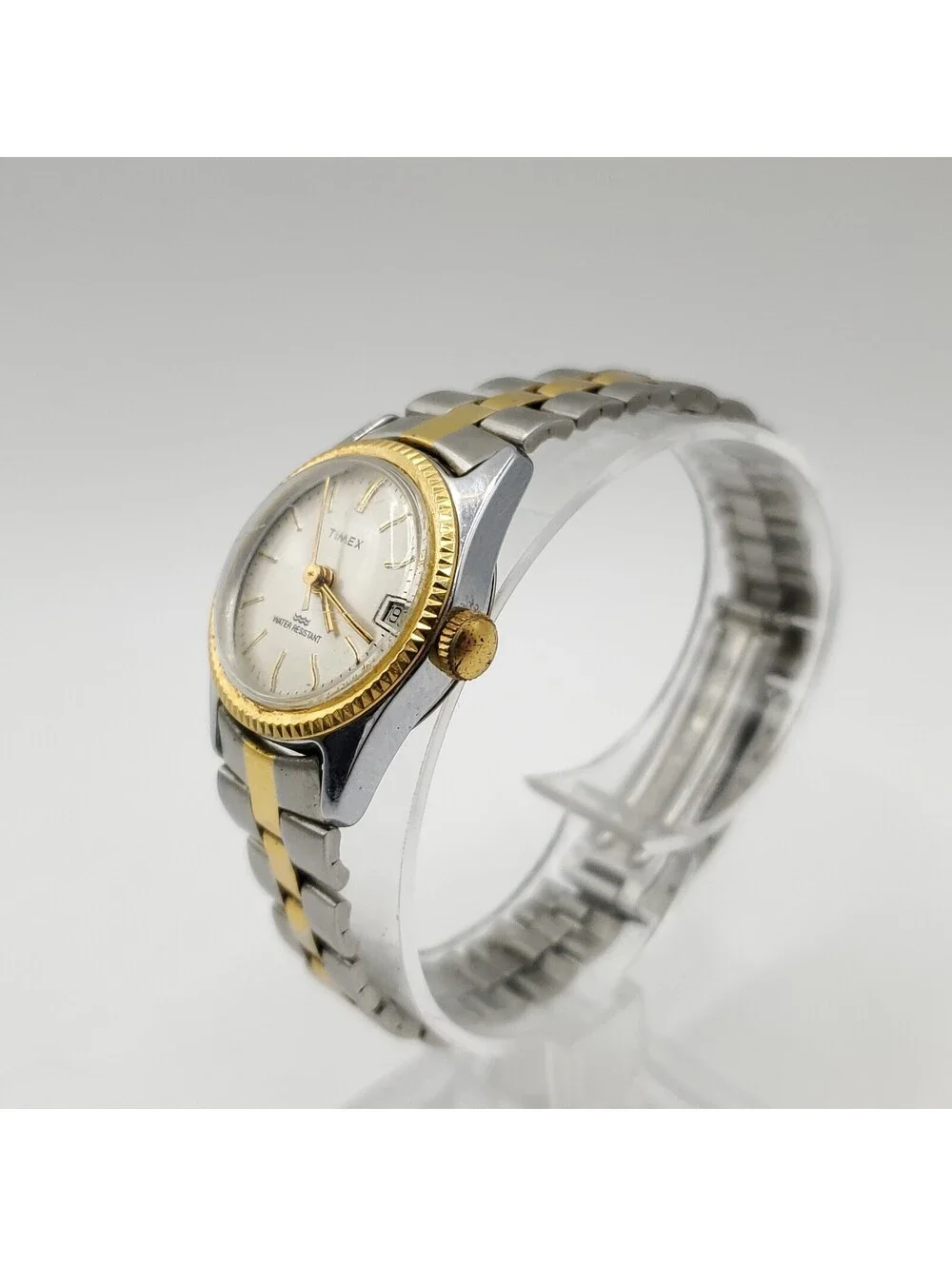 Timex Mechanical Date Dial Two-Tone Fluted Bezel Womens Watch 24mm Running